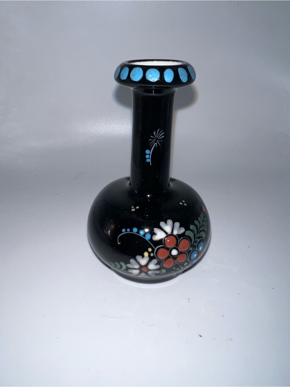 Rare Royal Delft Black Glazed Vase Hand Painted Flowers & signed